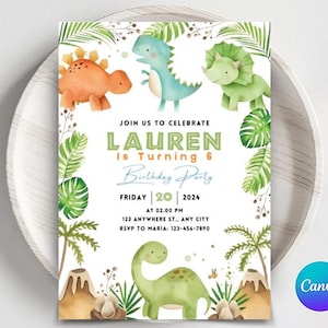Invitación de cumpleaños jurásica editable, invitación de cumpleaños de dinosaurio, invitación de fiesta de cumpleaños de dinosaurio, invitación de fiesta de T-Rex, descarga instantánea Canva