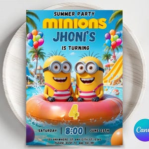 Modello modificabile per invito di compleanno Minion giallo, invito per festa di compleanno per bambini Minions, invito di compleanno per bambini, inviti per bambine Minions