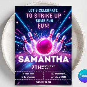Editable bowling birthday invitation template let&#39;s strike up some fun bowling party invitation rainbow neon glow birthday invite for her
