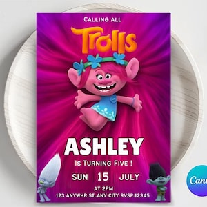 Editable Trolls Birthday Invitation, Trolls Poppy Invite, Poppy Trolls Invitation, Trolls Digital Invite, Kids Birthday Party Invite