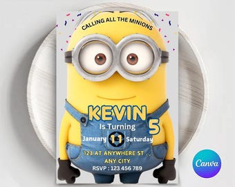 Bewerkbare sjabloon voor minion-verjaardagsuitnodiging (digitale download)