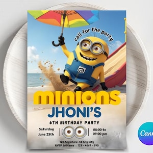 Editable Yellow Minion Birthday Invitation Template, Minions Kids Birthday Party Invite, Kids Birthday Invitation, Girl Minions Invitations