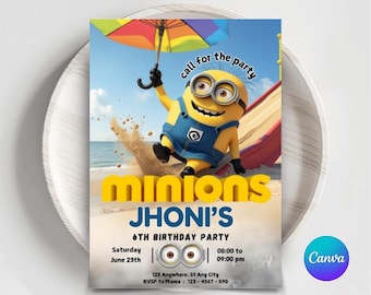 Bewerkbare sjabloon voor minion-verjaardagsuitnodiging (digitale download)