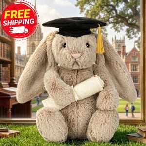 Pu&ograve; includere: Un coniglio di peluche marrone chiaro con un cappello di laurea nero con nappina dorata, che tiene in mano un diploma arrotolato. Lo sfondo mostra un ambiente universitario con una biblioteca e degli edifici.