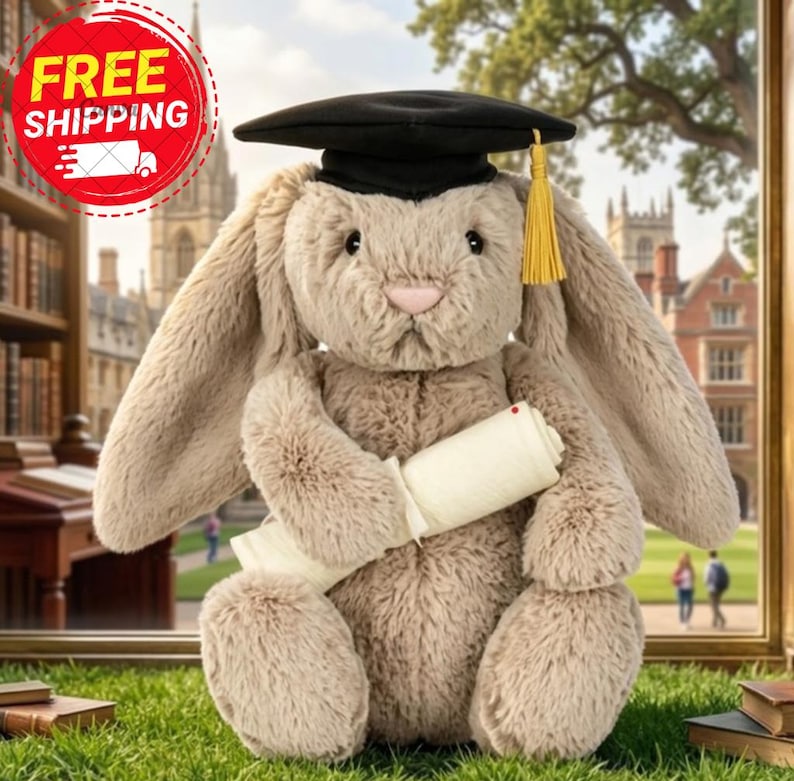 Pu&ograve; includere: Un coniglio di peluche marrone chiaro con un cappello di laurea nero con nappina dorata, che tiene in mano un diploma arrotolato. Lo sfondo mostra un ambiente universitario con una biblioteca e degli edifici.