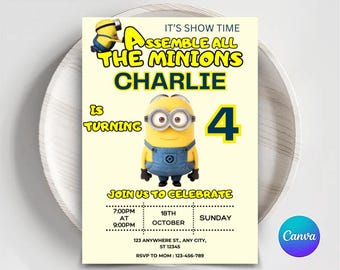 Bewerkbare sjabloon voor minion-verjaardagsuitnodiging: uitnodiging voor kinderfeestje (digitale download)