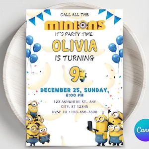 Editable Yellow Minion Birthday Invitation Template, Minions Kids Birthday Party Invite, Kids Birthday Invitation, Girl Minions Invitations
