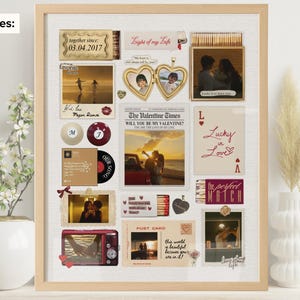 Puede incluir: Un póster personalizado de San Valentín con fotos y texto, incluyendo "Lucky Love" y "The Valentine Times". El póster está listo para imprimir y es totalmente editable con Canva, disponible en 5 tamaños.