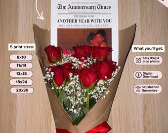 Aangepaste jubileumkrant | Gepersonaliseerd cadeau voor stel | Krantenjubileumboeket | Artful-muurafdrukbaar | Cadeau voor hem | Stelletje begaafd