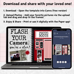 May include: A laptop and smartphone displaying a photo booth template. The laptop screen reads "Flash Your Camera! You're a star!" with a photo and a red star. The phone shows a scrapbook app.