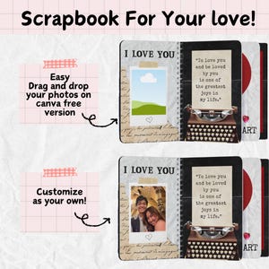 May include: A scrapbook design with the text "Scrapbook For Your love!" and "I LOVE YOU." The design includes a photo frame, a typewriter, and the quote "To love you and be loved by you is one of the greatest joys in my life."