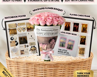 Cadeaubundel jubileum | 4-in-1 romantische cadeauset voor stellen | Aangepaste cadeaus voor jubileum | Luciferboekje | Speelkaarten | Fotoboekcanva