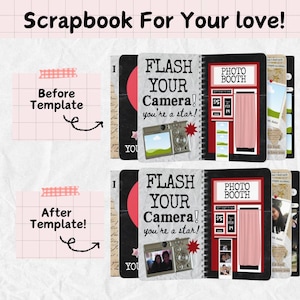 May include: A scrapbook with a spiral binding, featuring the text "Flash Your Camera!" and "Photo Booth." The cover has a camera graphic and a red starburst. The scrapbook includes photo booth strips and space for photos.