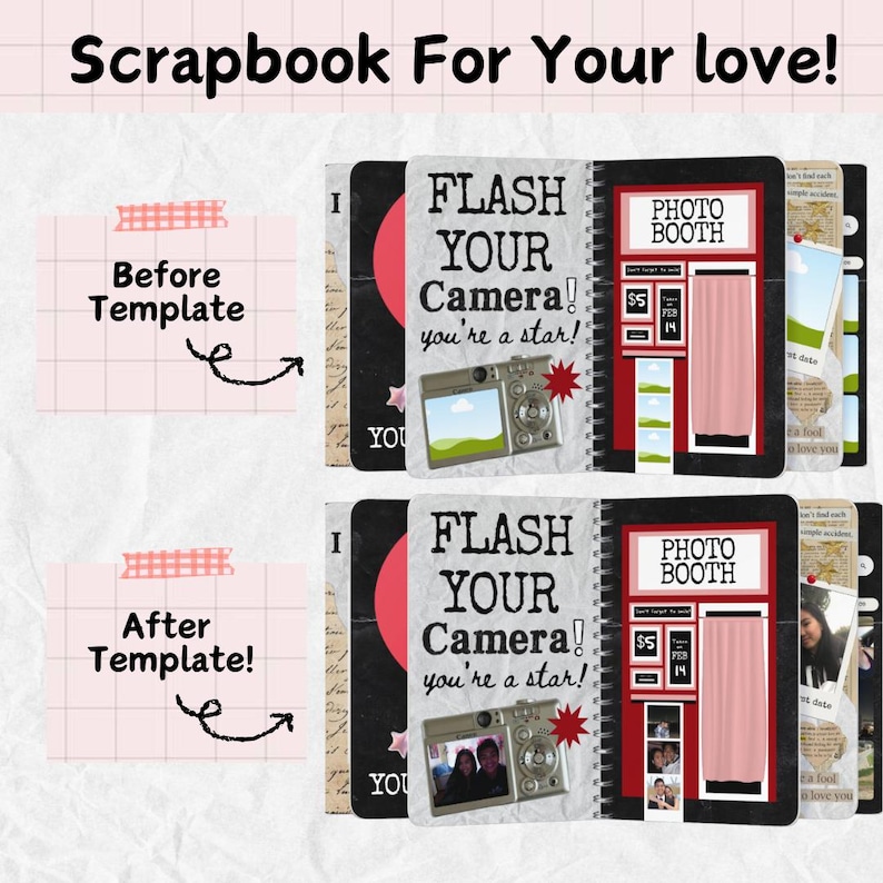 May include: A scrapbook with a spiral binding, featuring the text "Flash Your Camera!" and "Photo Booth." The cover has a camera graphic and a red starburst. The scrapbook includes photo booth strips and space for photos.