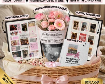 Verjaardagscadeaubundel voor beste vriend | Verjaardagscadeau voor haar | Custom-cadeau-voor BFF | Matchbookkunst | Fotolijst voor kranten | Speelkaarten