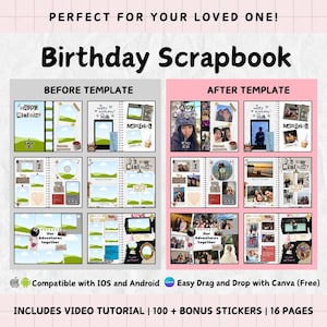 Álbum de recortes de cumpleaños; Mejor regalo de cumpleaños; Collage de fotos; Plantilla Canva; Álbum de recortes digital 2025; Regalo de cumpleaños para el mejor amigo
