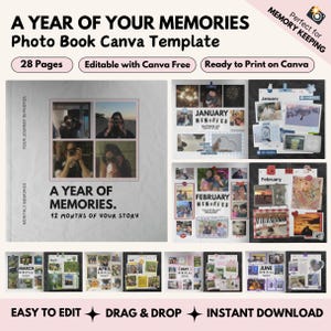 Könnte beinhalten: Eine Fotoalbum-Canva-Vorlage mit dem Titel "A Year of Your Memories". Die Vorlage umfasst 28 Seiten und ist mit Canva bearbeitbar. Das Design zeigt monatliche Layouts mit Platz für Fotos und Text, wobei die Monate Januar bis Juni angezeigt werden.