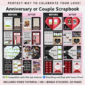 May include: A digital scrapbook template for anniversaries or couples, with before and after layouts. Features include photo booth, heart-shaped designs, and the text "Perfect Way to Celebrate Your Love!" and "Anniversary or Couple Scrapbook."