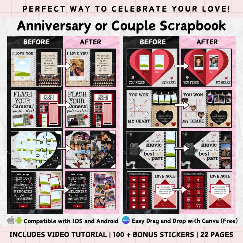 May include: A digital scrapbook template for anniversaries or couples, with before and after layouts. Features include photo booth, heart-shaped designs, and the text "Perfect Way to Celebrate Your Love!" and "Anniversary or Couple Scrapbook."
