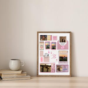 May include: A framed collage featuring various pink and white images and text, including photos, a heart, and the words "Lucky Love" and "Forever Yours <3". A white mug and books are in the foreground.