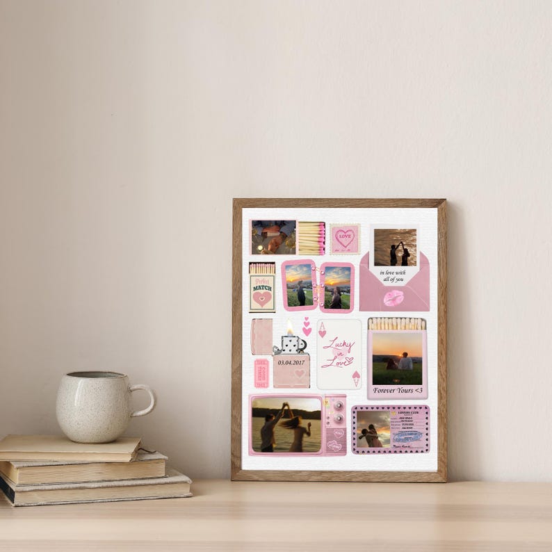 May include: A framed collage featuring various pink and white images and text, including photos, a heart, and the words "Lucky Love" and "Forever Yours <3". A white mug and books are in the foreground.