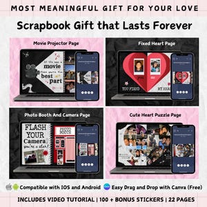 May include: A scrapbook gift concept with four different page designs: Movie Projector, Fixed Heart, Photo Booth, and Cute Heart Puzzle. Each design is displayed on a laptop and a smartphone, with text overlays and photo integration. The text includes "Most Meaningful Gift" and "Scrapbook Gift that Lasts Forever."