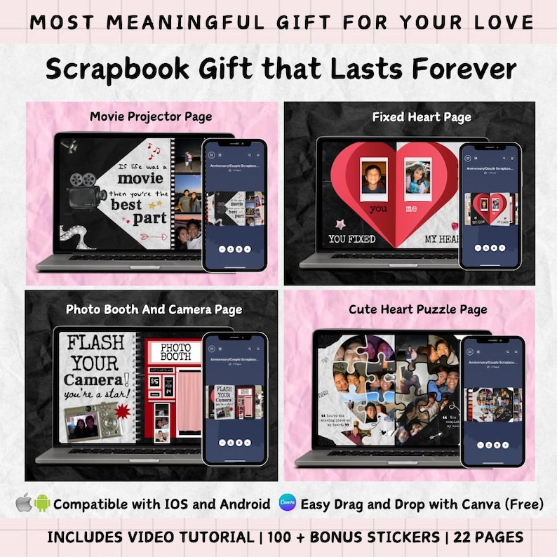 May include: A scrapbook gift concept with four different page designs: Movie Projector, Fixed Heart, Photo Booth, and Cute Heart Puzzle. Each design is displayed on a laptop and a smartphone, with text overlays and photo integration. The text includes "Most Meaningful Gift" and "Scrapbook Gift that Lasts Forever."