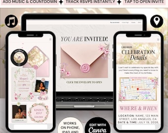 Website bloemenmeisjes verjaardagsuitnodiging | Gedigitaliseerde verjaardagsuitnodiging | Bloemig uitnodigen | Roze Floralinvite | Gebloemde baby-uitnodiging