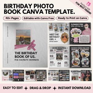 May include: A birthday photo book Canva template with a pink and white design. The cover features a photo and a pink bow. Text includes "The Birthday Book of Us" and "Our Favorite Memories." Additional text: "Easy to Edit," "Drag & Drop," and "Instant Download."