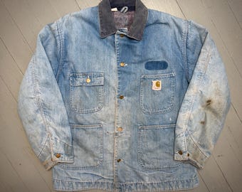 Vintage 70s Carhartt Distressed Denim Chore Coat Blanket Lined Size 42
