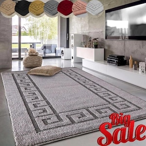 May include: A rectangular grey rug with a dark grey geometric border. The rug is in a modern living room setting, with a cushion and a woven ottoman. The image also shows colour swatches of the rug and the words "Big Sale".