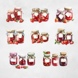 May include: Watercolor illustration of nine jars of jam with red berries and green leaves. The jars are decorated with white labels and red and white checkered lids.