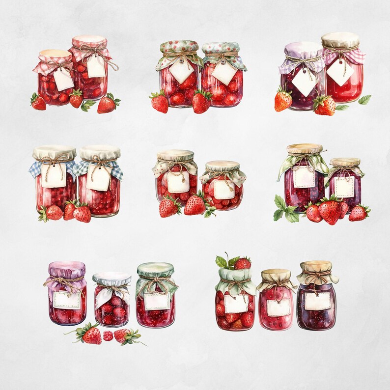 May include: Watercolor illustration of nine jars of jam with red berries and green leaves. The jars are decorated with white labels and red and white checkered lids.