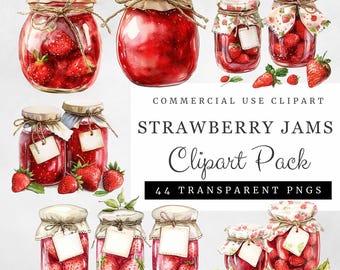 Strawberry Jam Clipart, 44 Watercolor Transparent PNGs, Farmhouse Mason Jars, Rustic Kitchen Illustrations, High-Res 300 DPI, Commercial Use
