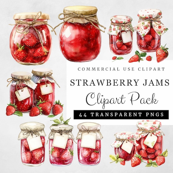 Strawberry Jam Clipart, 44 Watercolor Transparent PNGs, Farmhouse Mason Jars, Rustic Kitchen Illustrations, High-Res 300 DPI, Commercial Use