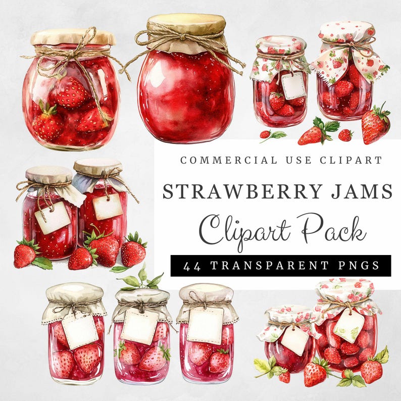 May include: A set of watercolor illustrations of strawberry jam jars. The jars are decorated with twine and fabric. The jars are filled with red strawberry jam and some have labels. The text "COMMERCIAL USE CLIPART STRAWBERRY JAMS Clipart Pack 44 TRANSPARENT PNGS" is at the bottom of the image.