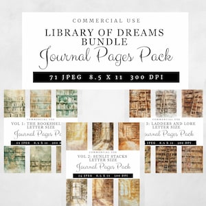 May include: A digital download of 71 printable journal pages featuring a library theme. The pages are 8.5 inches by 11 inches and 300 DPI. The pages feature images of bookshelves, ladders, and windows. The pages are divided into three volumes: The Bookshelf, Sunlit Stacks, and Ladders and Lore.