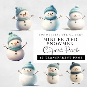 Mini gefilzte Schneemänner Clipart 16 transparente PNGs, niedlicher Wollfilz-Schneemann mit blauen Hüten und Schals, Winter digitaler Download kommerzielle Nutzung