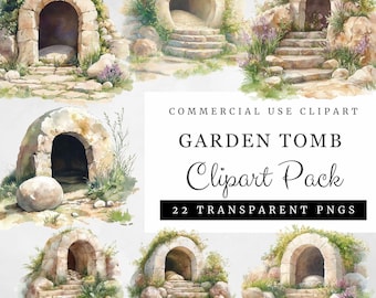 Garden Tomb Clipart, 22 Watercolor Resurrection Transparent PNGs, Christian Easter Digital Art, Faith-Based Designs, High-Res Commercial Use