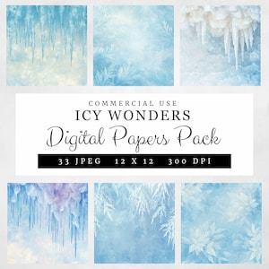 May include: A digital paper pack with 33 icy blue and white designs. The pack includes a variety of textures and patterns, including icicles, snowflakes, and frost. The papers are 12 inches by 12 inches and 300 DPI.  Commercial use is allowed.