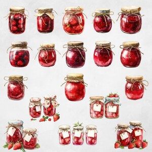 May include: Assortment of 18 glass jars filled with red jam, some with visible fruit pieces. The jars have various sizes and shapes, with some featuring a rustic, vintage look.