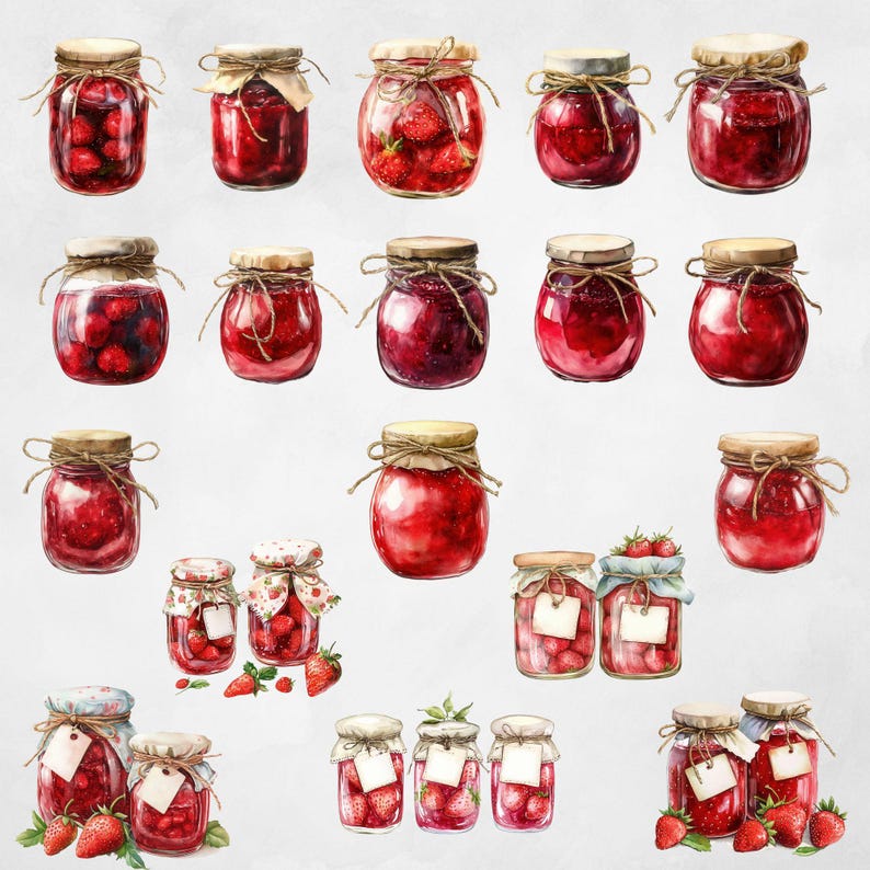 May include: Assortment of 18 glass jars filled with red jam, some with visible fruit pieces. The jars have various sizes and shapes, with some featuring a rustic, vintage look.