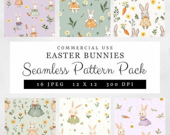 Easter Bunnies Seamless Pattern Pack | Cute Bunny Digital Paper, 16 JPG, Spring Backgrounds 12x12, 300 DPI Digital Download, Commercial Use