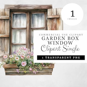 Puede incluir: Ilustración en acuarela de una ventana rústica de madera con contraventanas, un alféizar lleno de flores rosas y blancas, y el texto "GARDEN BOX WINDOW Clipart Single". La imagen es un PNG transparente.