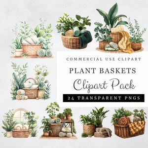 May include: A set of 24 digital clipart images featuring watercolor illustrations of plant baskets. The images are perfect for crafting, scrapbooking, and other creative projects.  COMMERCIAL USE CLIPART PLANT BASKETS Clipart Pack 24 TRANSPARENT PNGS
