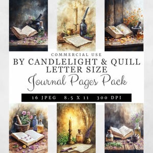 Paquete de 16 páginas de diario de Candlelight & Quill, tamaño carta, JPG, estilo boticario vintage, efímeras, para uso comercial e imprimibles.