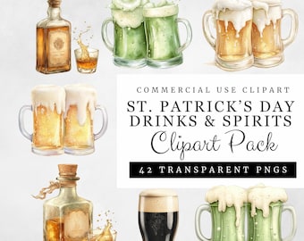 St. Patrick's Day Drinks and Spirits, Irish Mugs, Whiskey Bottles & Ale Clipart, 42 Transparent PNGs, Digital Download for Commercial Use