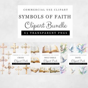 Symbols of Faith Clipart Bundle, 63 Watercolor Christian PNGs, Crosses, Doves, Holy Bibles, Spiritual Art, High-Resolution, Commercial Use