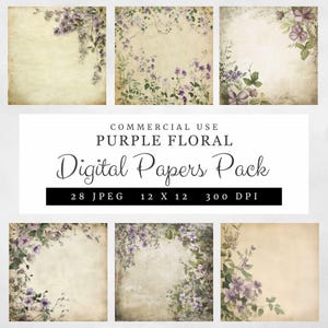 Paquet de papier numérique floral violet, arrière-plans âgés de 12 x 12 tachés de café, coins de fleurs violettes douces, papiers vintage pour journal indésirable, 300 ppp
