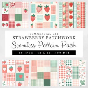 Könnte beinhalten: Ein digitales Download-Paket mit 16 nahtlosen Patchwork-Mustern mit Erdbeeren, Gingham und Blumenmustern. Die Muster sind 30,5 cm x 30,5 cm groß und haben 300 DPI.